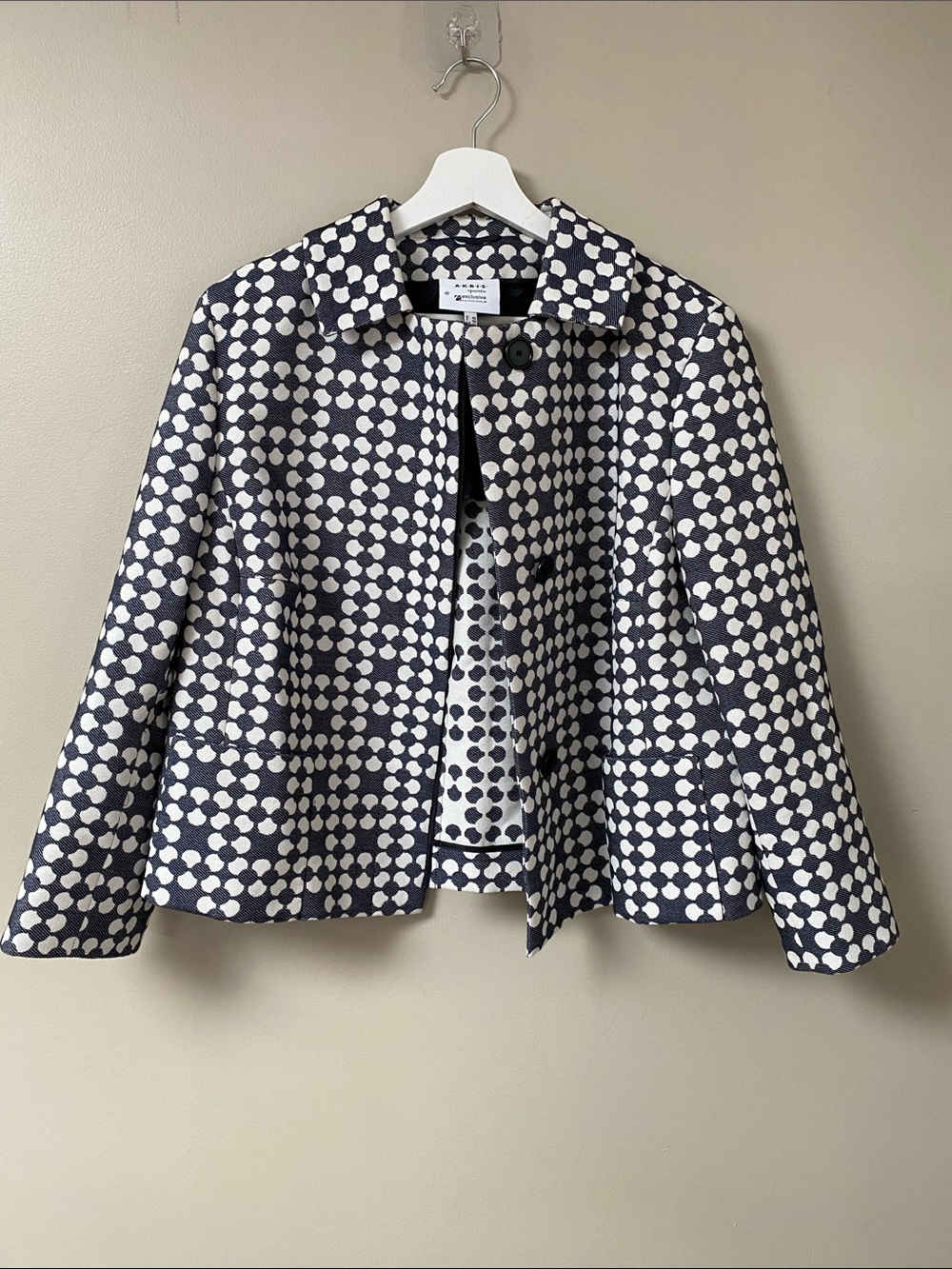 Akris Punto Navy and White Polka Dot Cropped cotton Blazer